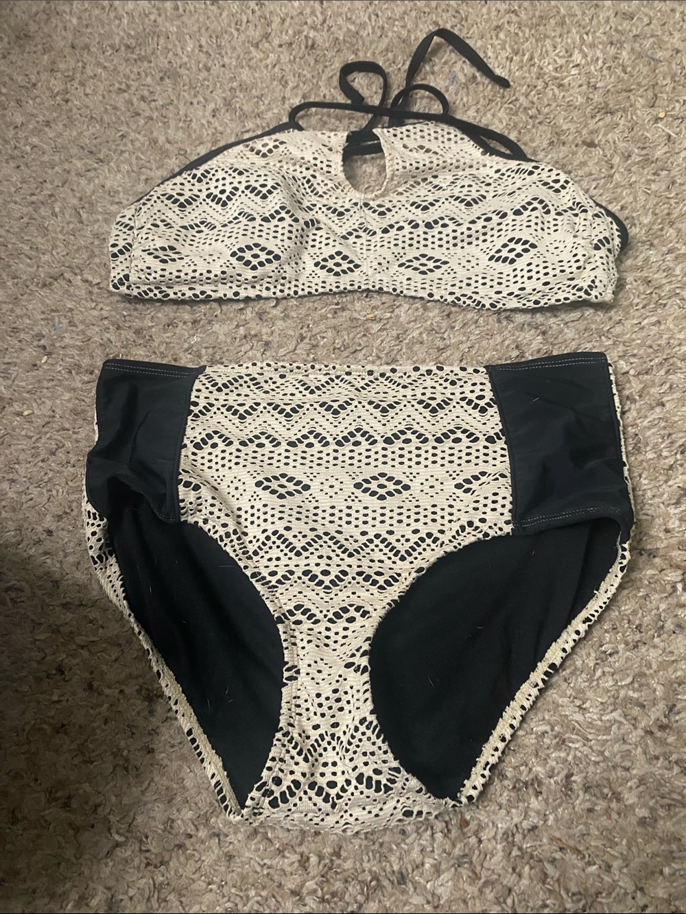 No Boundaries Black and Cream Crochet Bikini Set